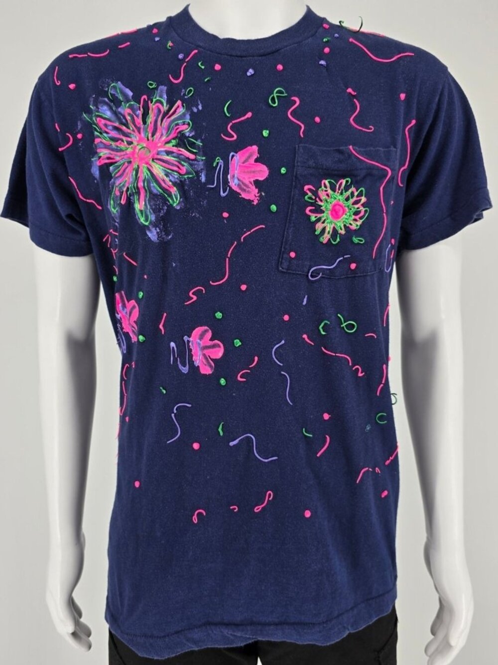 Vintage Late 1980s BVD Abstract Floral Neon Painted Pocket T-Shirt (L/XL)